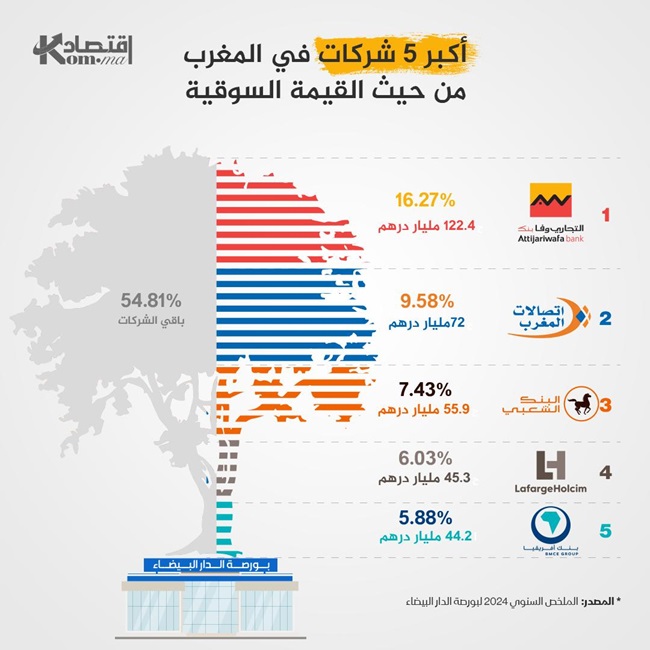 أكبر 5 شركات من حيث القيمة السوقية في بورصة الدارالبيضاء في 2024